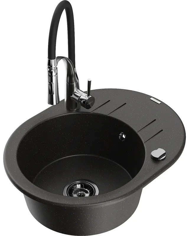 Mexen Kevin, 1-komorový granitový drez 586x458x190 mm a drezová batéria Aster, čierna-zlatá metalíza, 6517-75-73450-07-B