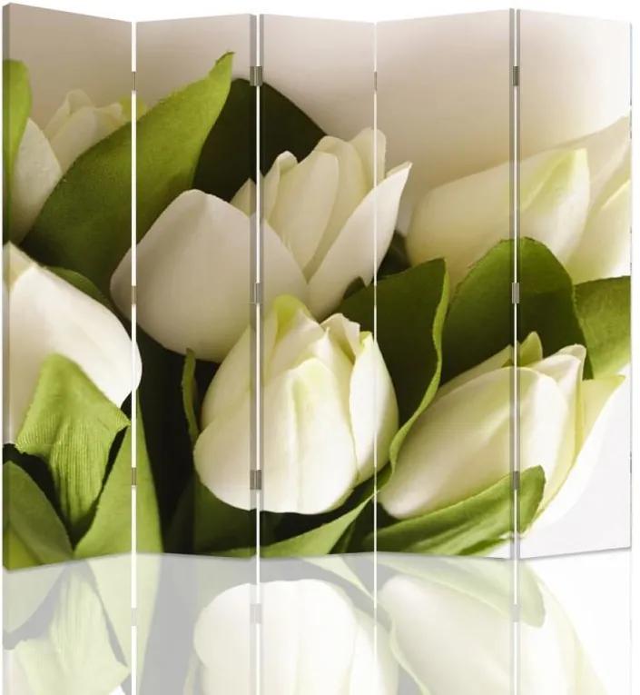 CARO Paraván - White Tulips 2 | päťdielny | jednostranný 180x150 cm