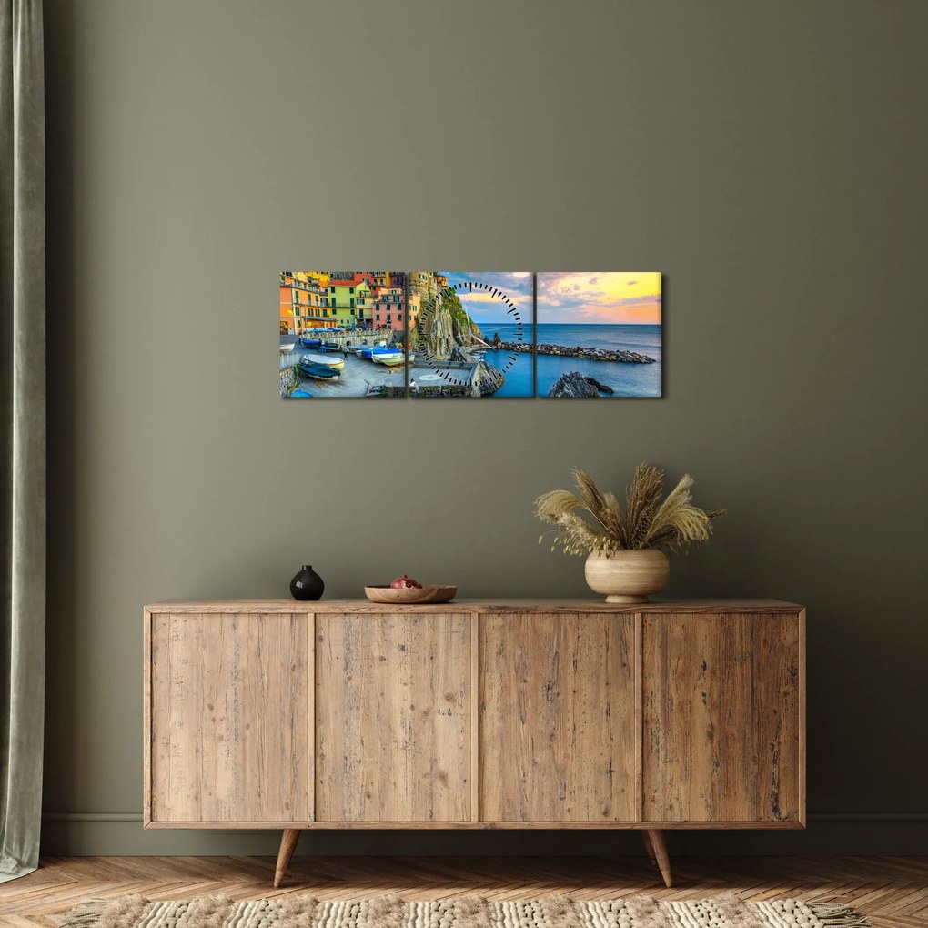 Obraz - Stredomorská dedina (s hodinami) (90x30 cm)