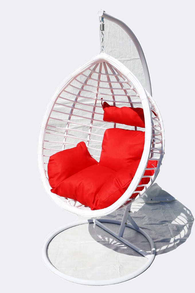 Závesné kreslo 04 biele s červenou poduškou