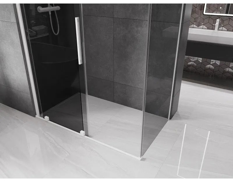 Mexen Velar, sprchový kút s posuvnými dverami 140 x 75 cm, 8mm šedé sklo, biela matná, 871-140-075-41-20