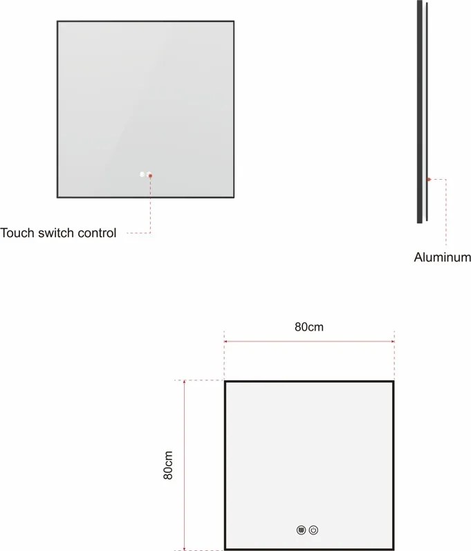 Erga Megan, LED zrkadlo 80x80cm v čiernom ráme, 2415 lm, 3 farby svetla, zadné osvetlenie, ERG-V01-MEGAN-8080-BK