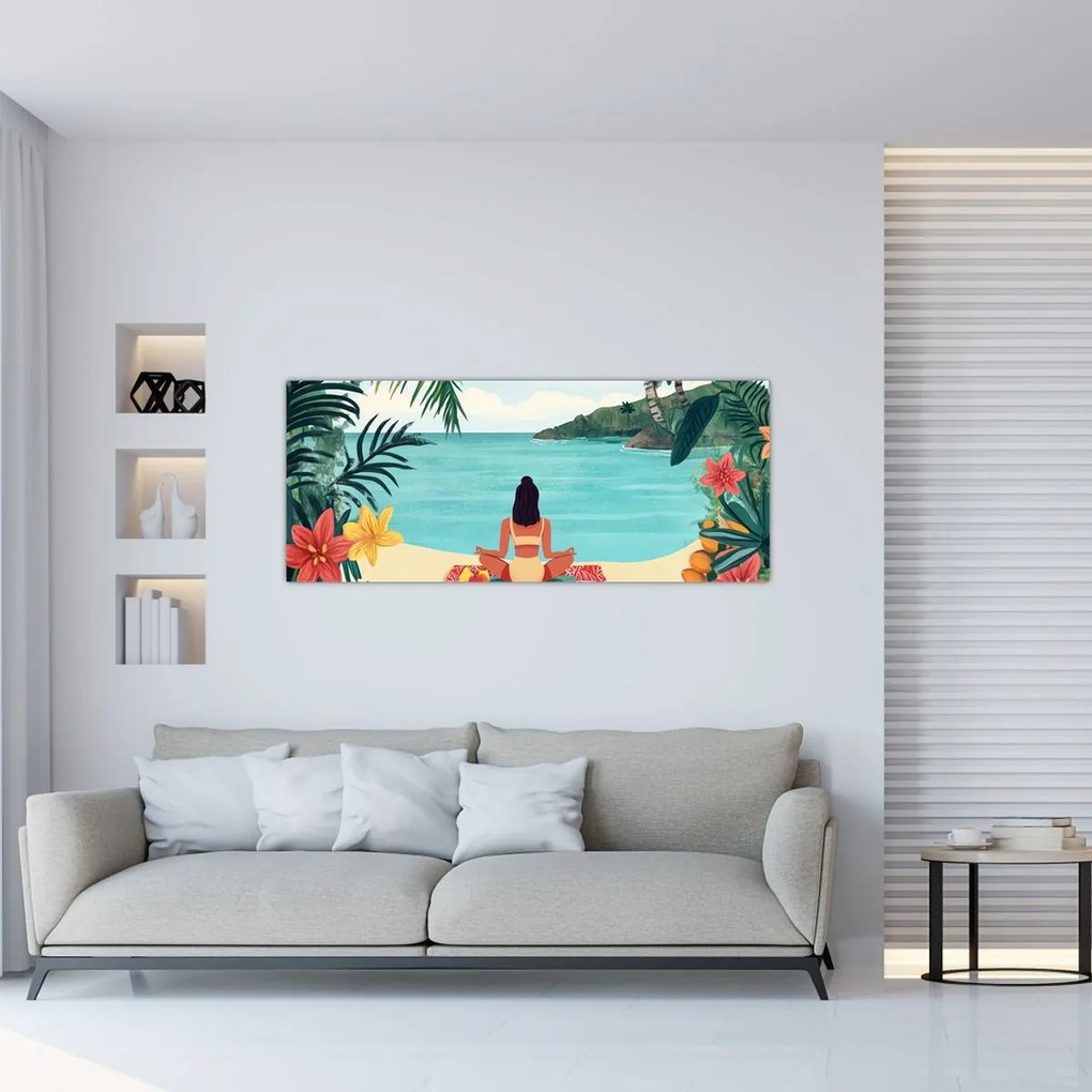 Obraz - Jogínka na pláži (120x50 cm)