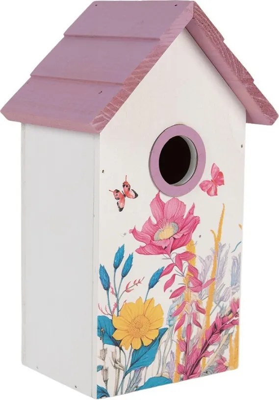Bielo-fialová drevená vtáčia búdka s kvetmi Birdhouse - 15*10*22 cm