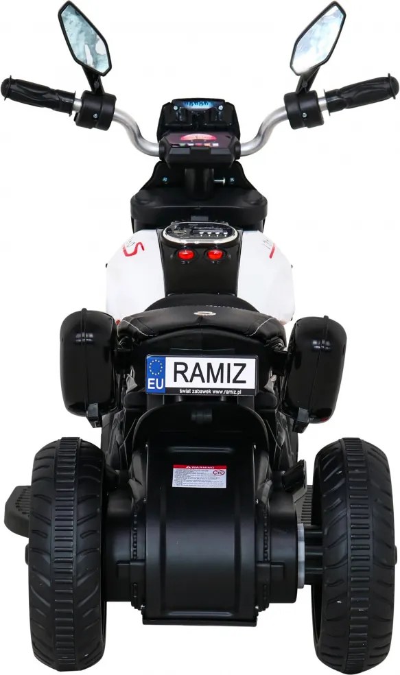 Ramiz Motorka Fast Tourist na batérie pre deti biela + audio + svetlá + ekokoža