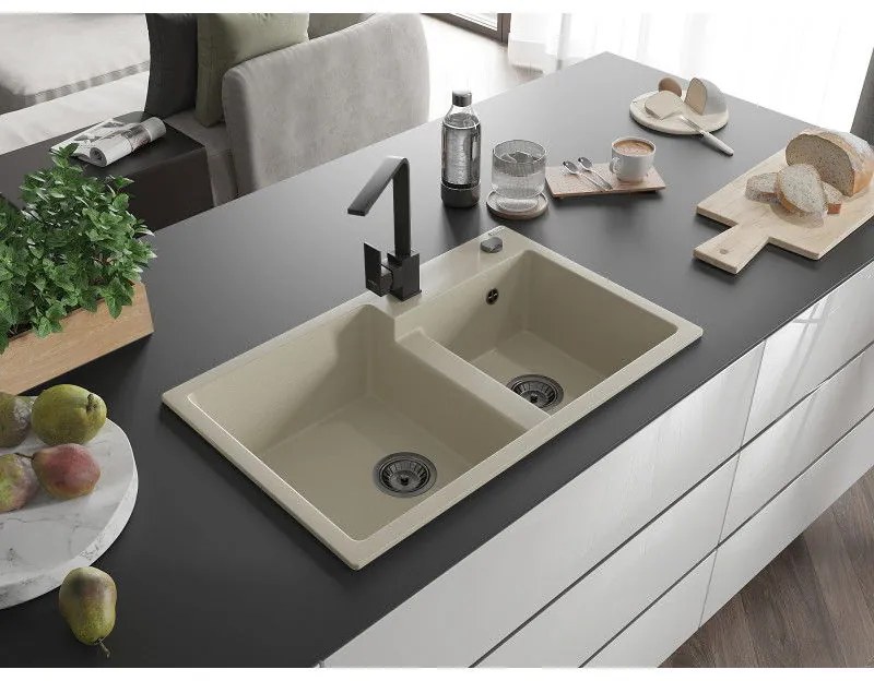 Mexen Tomas, granitový drez 800x500x190 mm, 2-komorový a čierna batéria Rita, béžová, 6516-69-670300-70