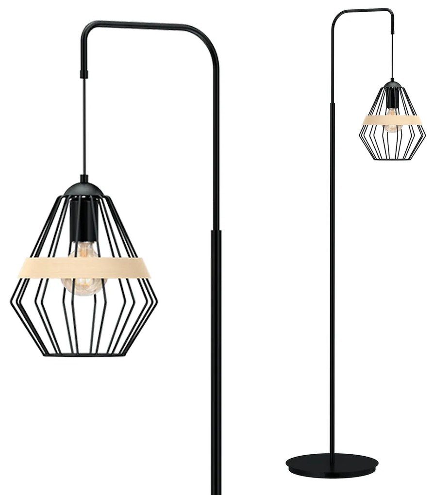 Stojacia lampa Cliff, 1x drevené/čierne drôtené tienidlo, b