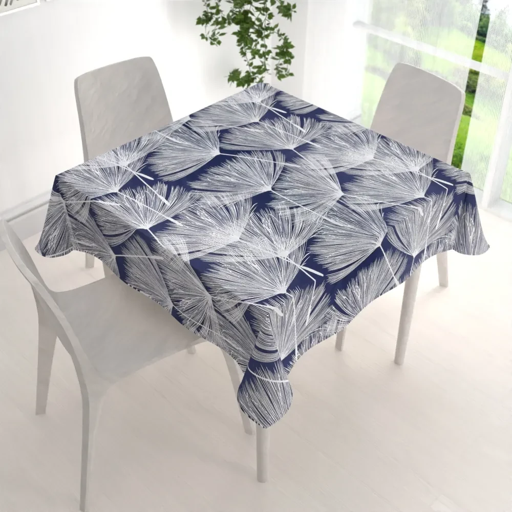 Biante Bavlnený štvorcový obrus Sandra SA-414 Biele abstraktné páperie na modrom 130x130 cm