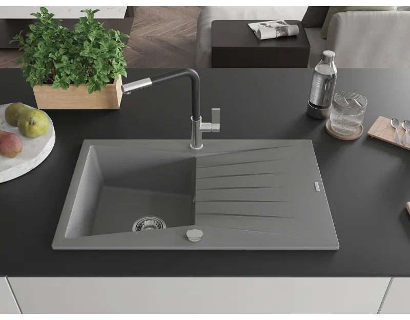 Mexen Cesar, 1-komorový granitový drez 775x470x190 mm a drezová batéria Flora, šedá, 6514-71-670401-07