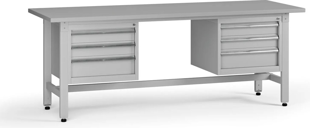 Výškovo nastaviteľný dielenský stôl G5, 2100 x 750 x 800-1000 mm, 2x kontajner, 6 zásuviek, sivá