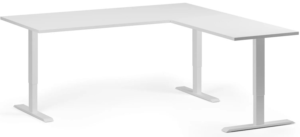 Výškovo nastaviteľný stôl, 180x180 cm, 3 motory, L/P, biela podnož, biela