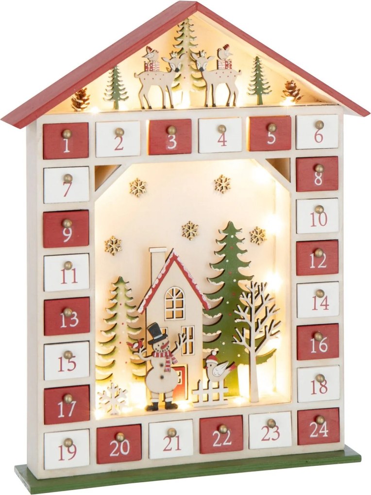 Vianočný adventný kalendár House LED červený/biely J-line – 31*7*40 cm