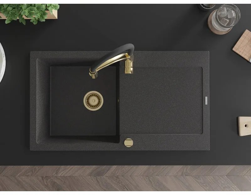 Mexen Leo, granitový drez 900x500x190 mm, 1-komorový a drezová batéria Aster, čierna škvrnitá, 6501-76-73450-57-G