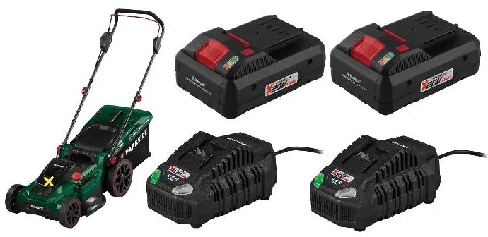 Parkside®  Aku kosačka na trávu Prma 40-Li D2 + Smart akumulátor 20 V/4Ah Paps 204 A1, 2 kusy + Nabíjačka 20 V/4,5 A, 2 kusy  (800010671)