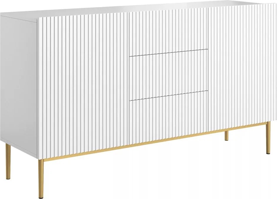 Biela komoda Nicole 150 cm so zásuvkami a ryhovaným čelom - matná biela / zlaté nohy