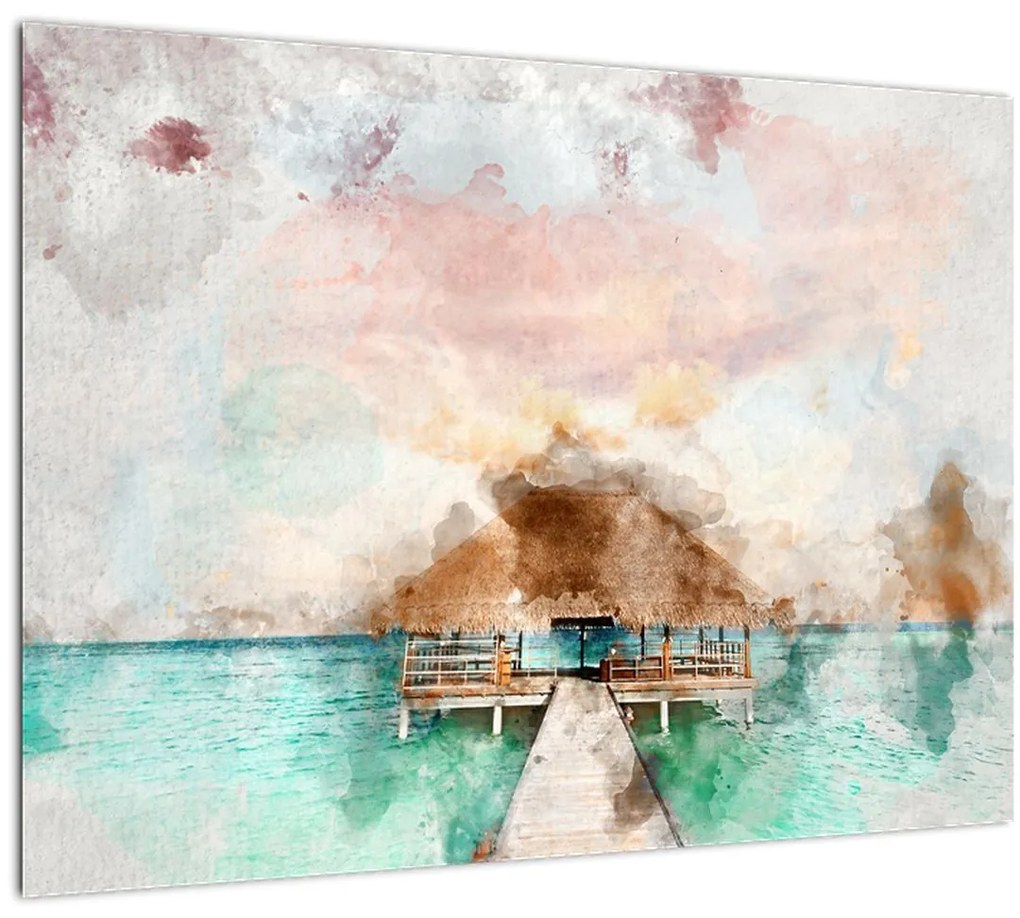 Sklenený obraz - Maledivy, drevené mólo (70x50 cm)