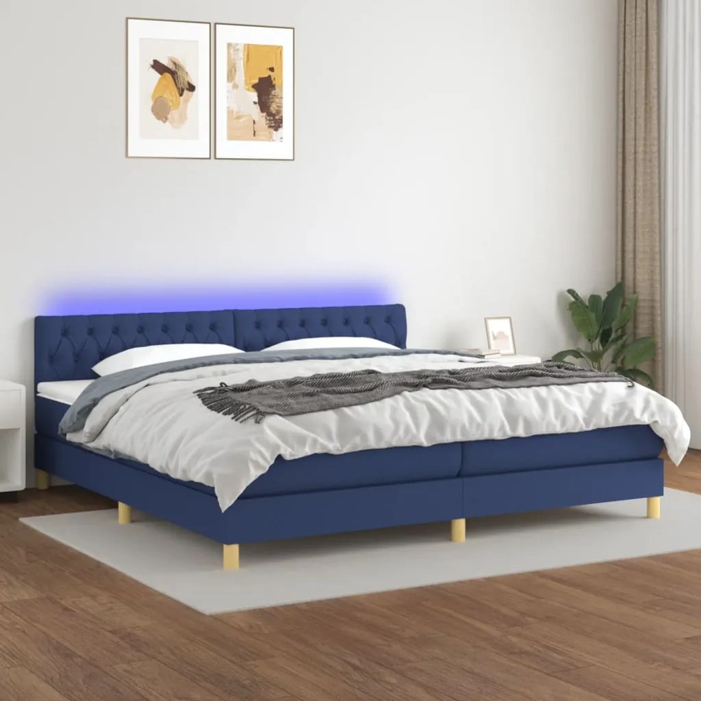 Posteľ boxsping s matracom a LED modrá 200x200 cm látka 3133987
