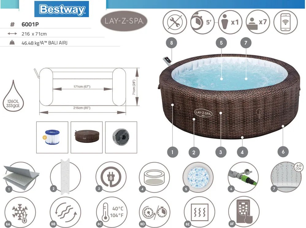 Vírivka Bestway Lay-Z-Spa BALI Smart 7 Wifi hydromassage 5-7 osôb Bestway 6001P