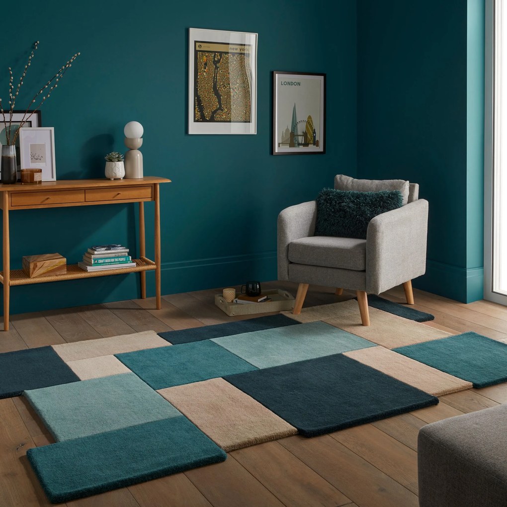 Flair Rugs, Ručne všívaný kusový koberec Abstract Collage Teal, 150x240, modrá, viacfarebná, kancelária