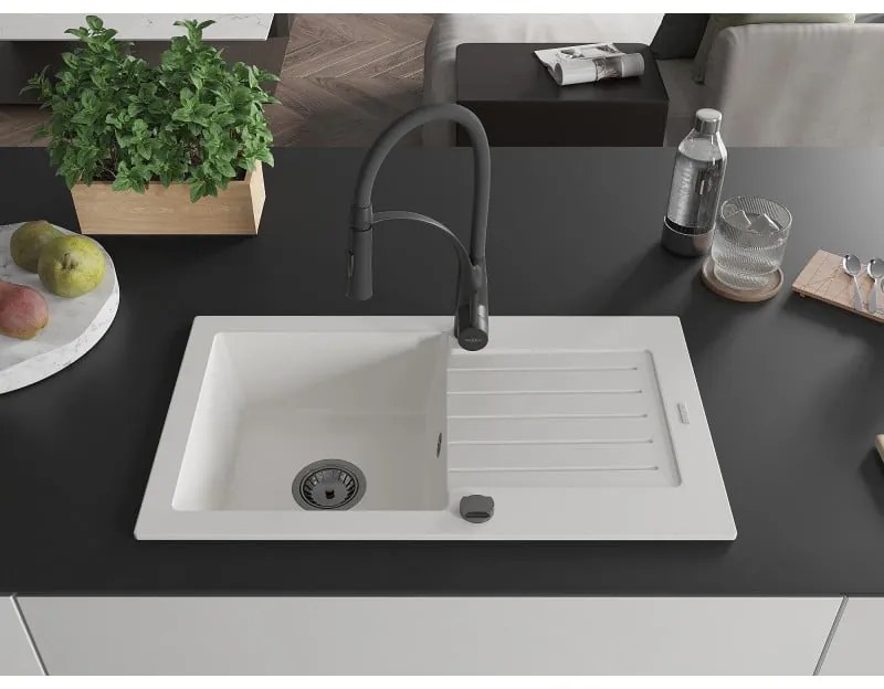 Mexen Pablo, 1-komorový granitový drez 752x436x161 mm a drezová batéria Aster, biela, 6510-20-73450-70-B