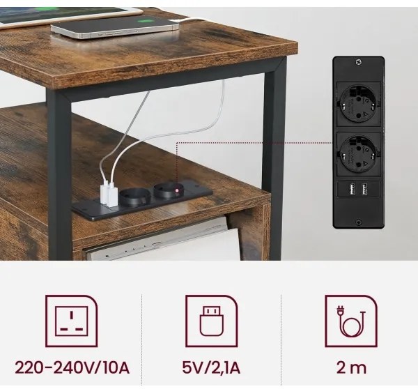 Odkladací stolík ROD so vstavanými zásuvkami a USB portami hnedá/čierna