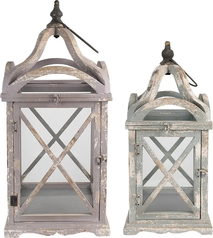 2ks sivá antik drevená lampáš - 33*33*73 / 25*25*56 cm