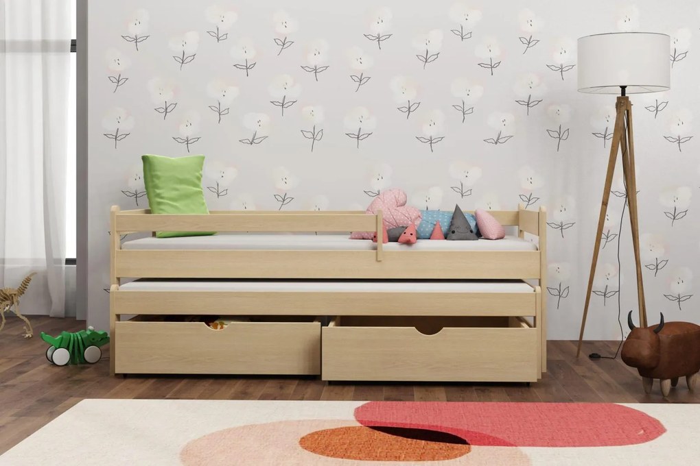 Detská posteľ z masívu borovice ALEX s prístelkou a šuplíky - 200x90 cm - PRÍRODNÁ BOROVICA