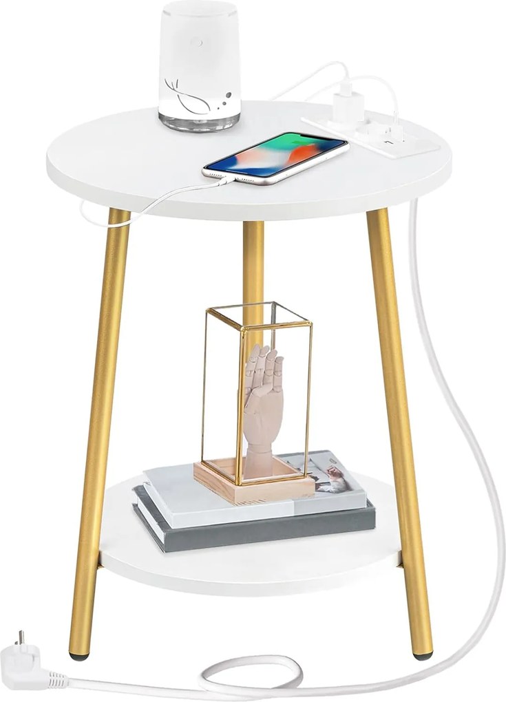 Okrúhly odkladací stolík Vasagle Luretta 40 cm s nabíjacou stanicou biely/zlatý