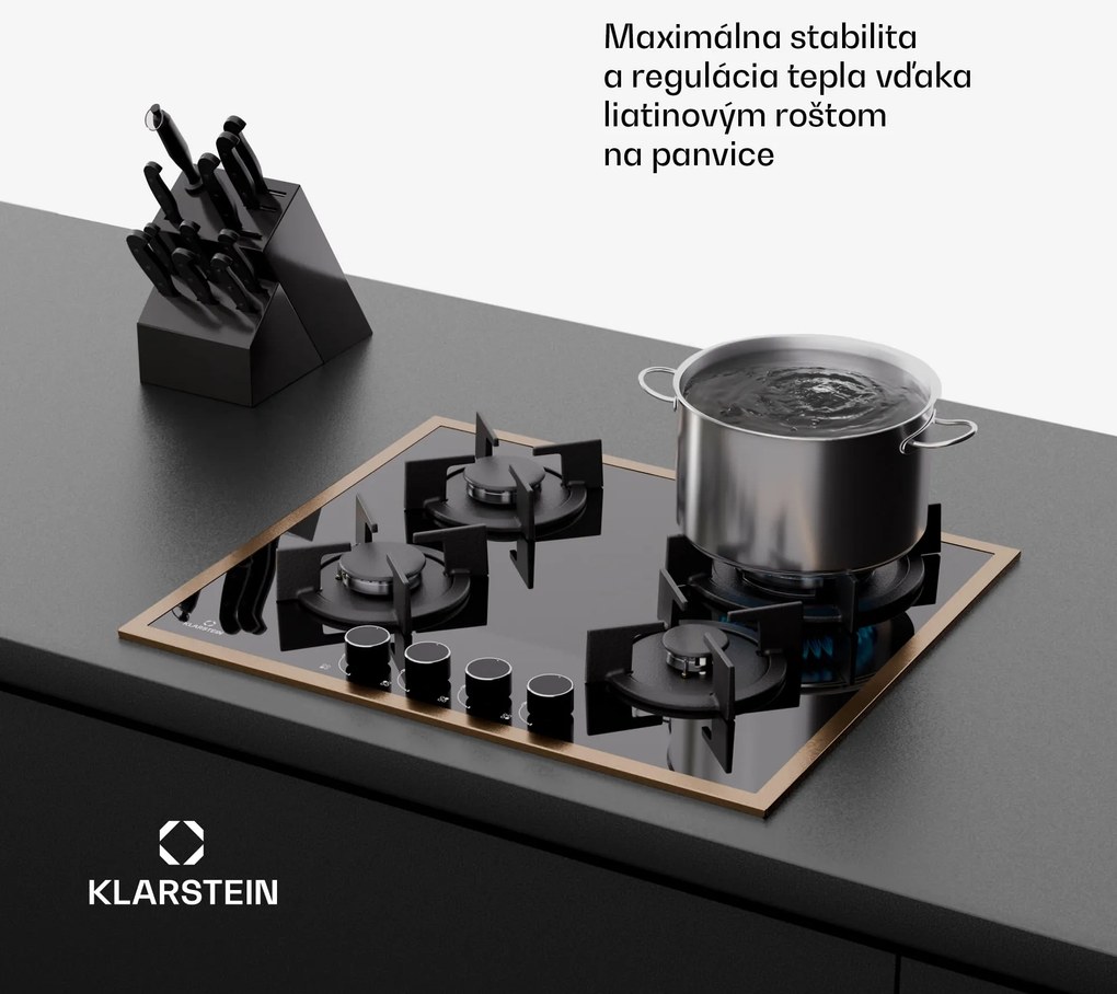 Klarstein Lumiflame plynová varná doska, 4 horáky, medený rám, elektrické zapaľovanie, výkon 8 kW