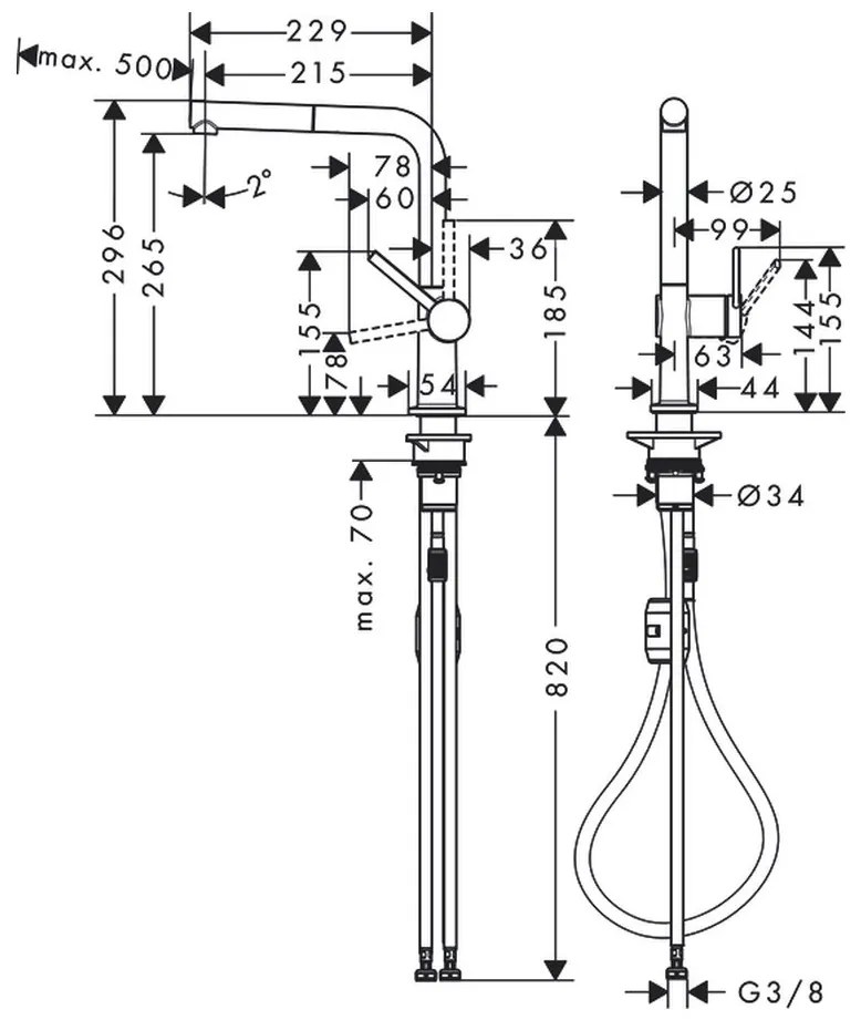Hansgrohe M54, drezová batéria Talis s výsuvnou koncovkou, vzhľad nehrdzavejúcej ocele, HAN-72808800