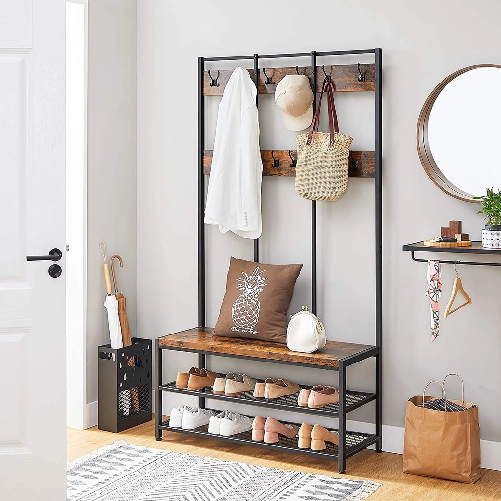 Vešiakový stojan s lavicou, predsieňová stena, rustikálna hnedá