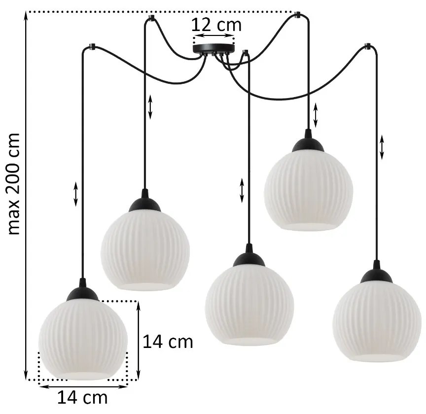 Závesné svietidlo Riffle Round Spider, 5x biele sklenené tienidlo, b