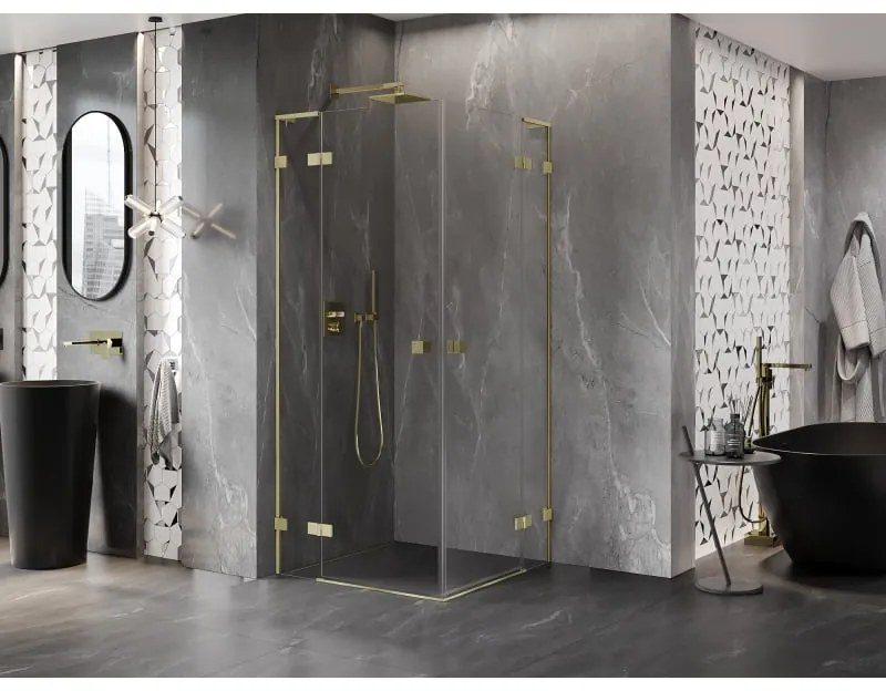 Mexen Lunar, L Duo výklopný sprchový kút 85 x 85 cm, 8mm číre sklo, zlatý matný profil, 834L-085L-085P-55-00