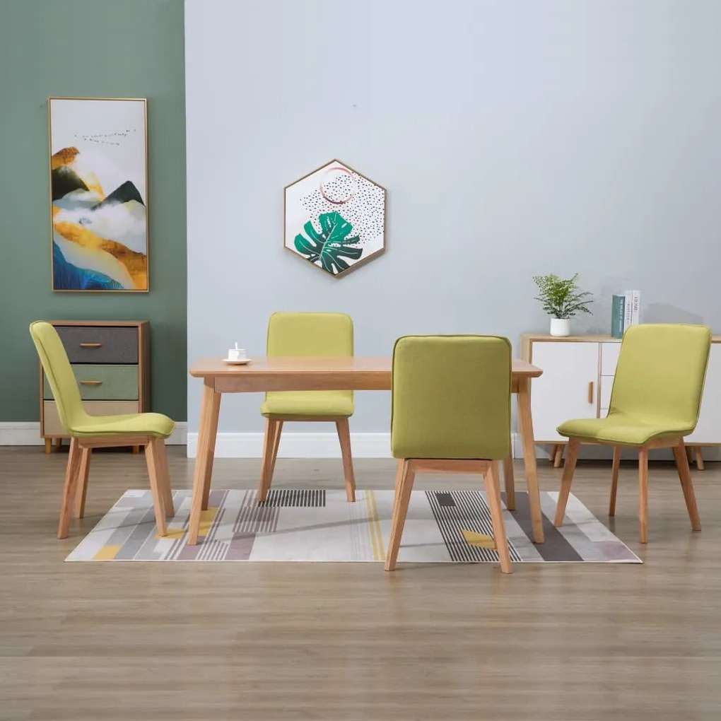 vidaXL Jedálenské stoličky 4 ks, zelené, látka a dubový masív