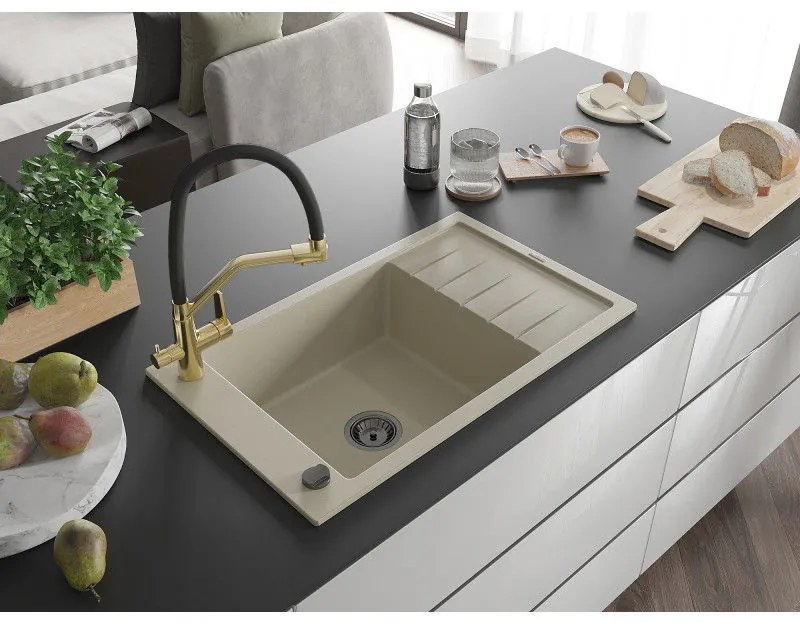 Mexen Elias, 1-komorový granitový drez 795x480x200 mm a drezová batéria Duo, béžová, 6511-69-671701-57-B