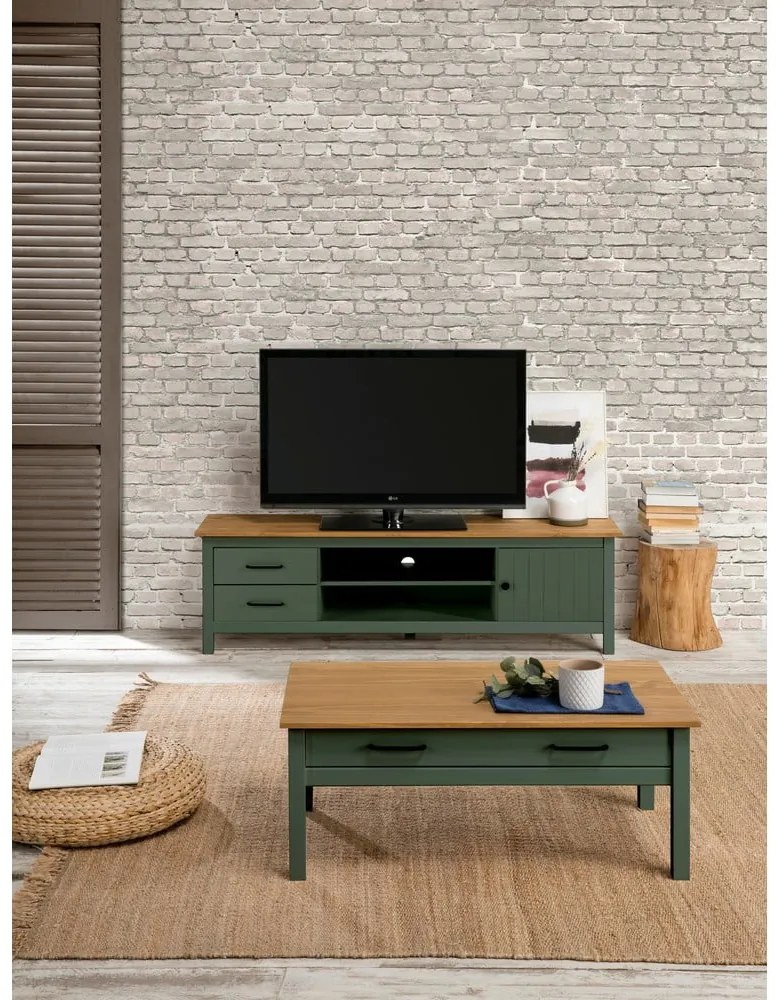 Zelený/v prírodnej farbe TV stolík z borovicového dreva 158x47 cm Miranda – Marckeric