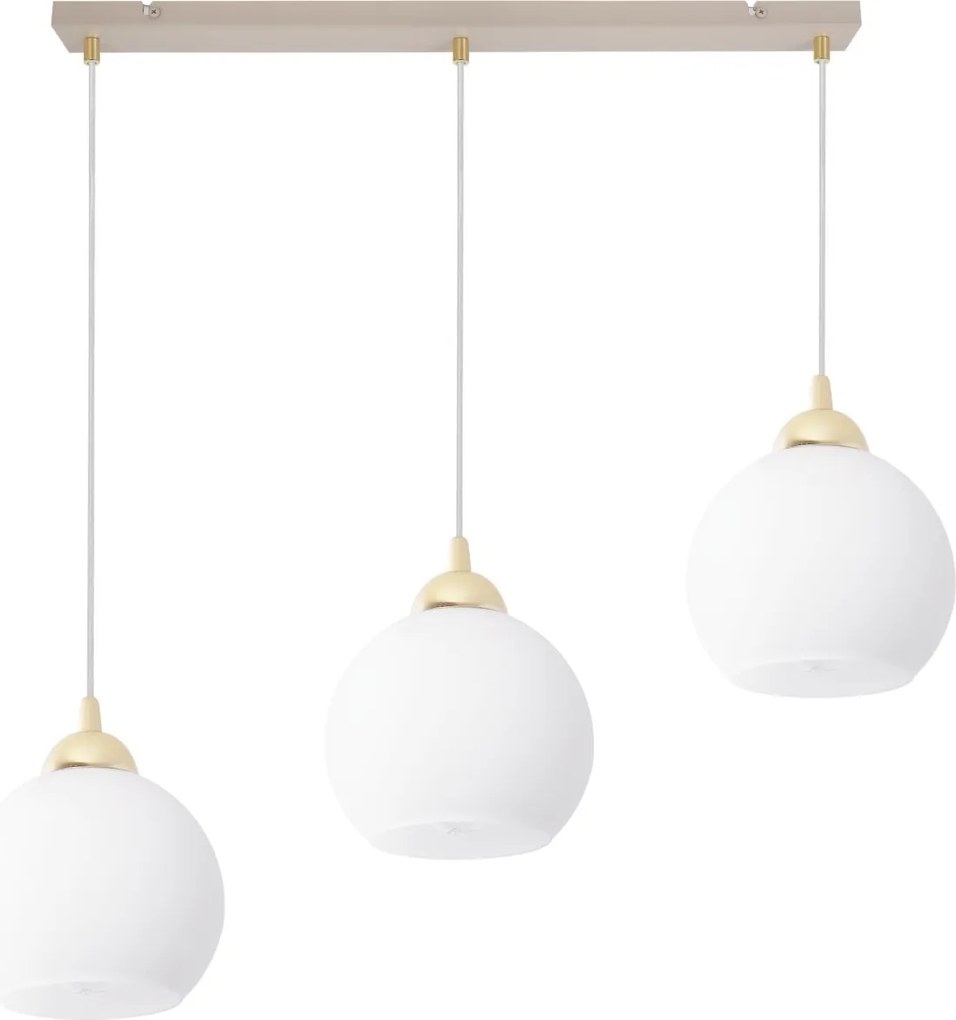 Závesné svietidlo Eliza, 3x biele sklenené tienidlo, g/be