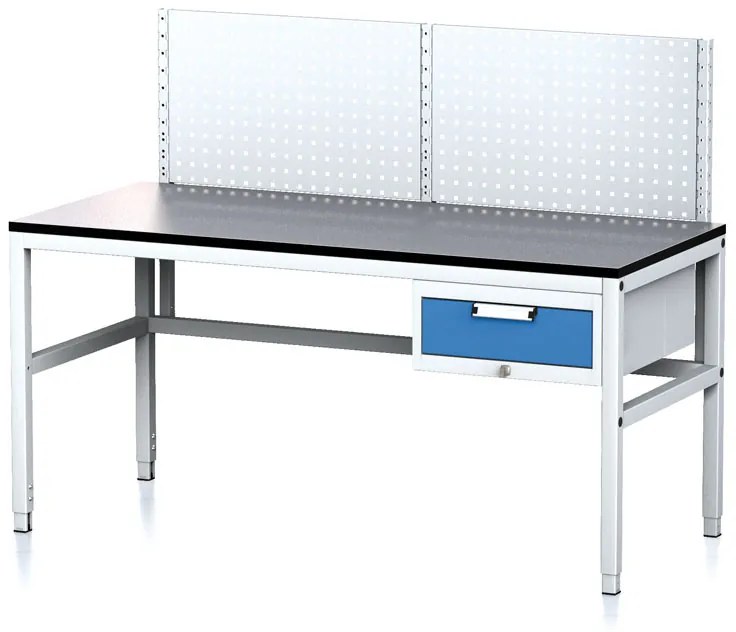 Nastaviteľný dielenský stôl MECHANIC II, s perfopanelom, 1 zásuvkový box na náradie, 1600x700x745-985 mm, sivá/modrá