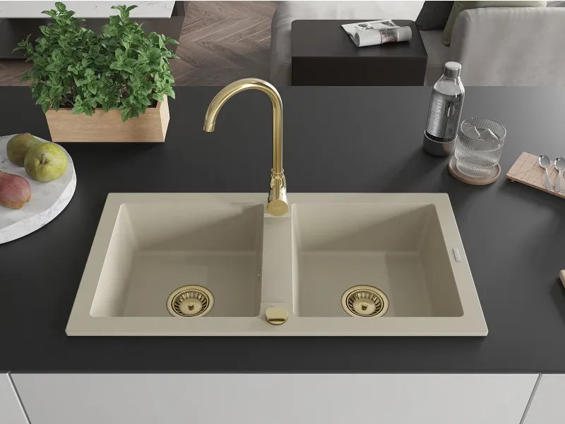 Mexen Mario, granitový drez 820x436x161 mm, 2-komorový, béžová so zlatým sifónom, 6504822000-69-G