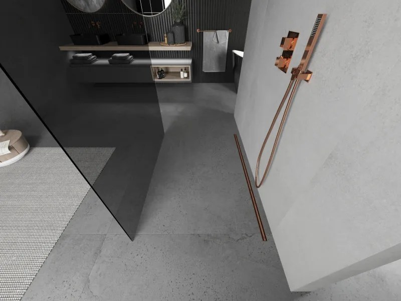 Mexen Kioto, priechodná sprchová zástena 100 x 200 cm, 8mm šedé sklo, 2x stabilizačná rozpera, ružové zlato, 800-100-002-60-40