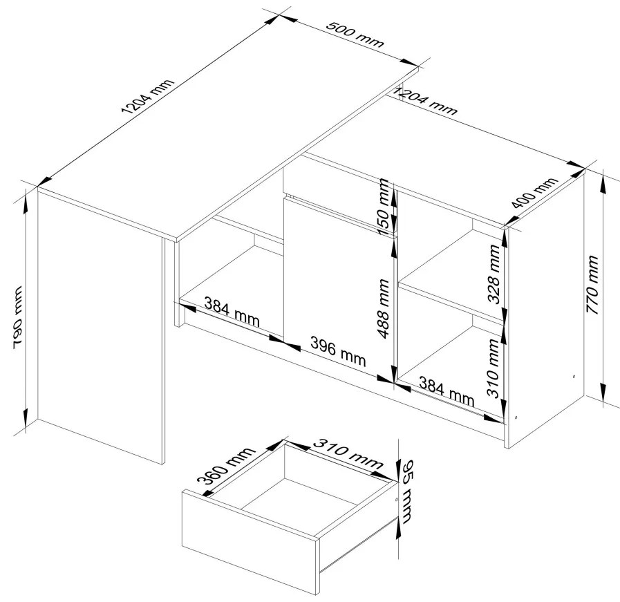 Rohový písací stôl B-17 - súprava komoda a stôl - wenge/biely