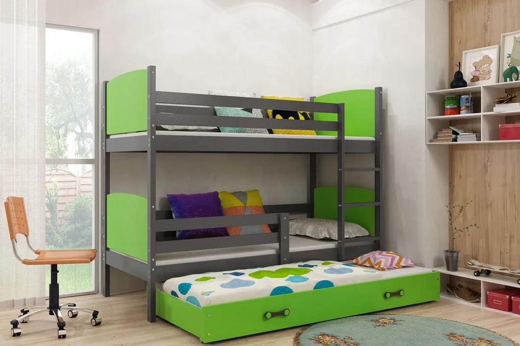 Poschodová posteľ s prístelkou TAMI 3 - 190x80cm - GRAFITOVÁ - ZELENÁ