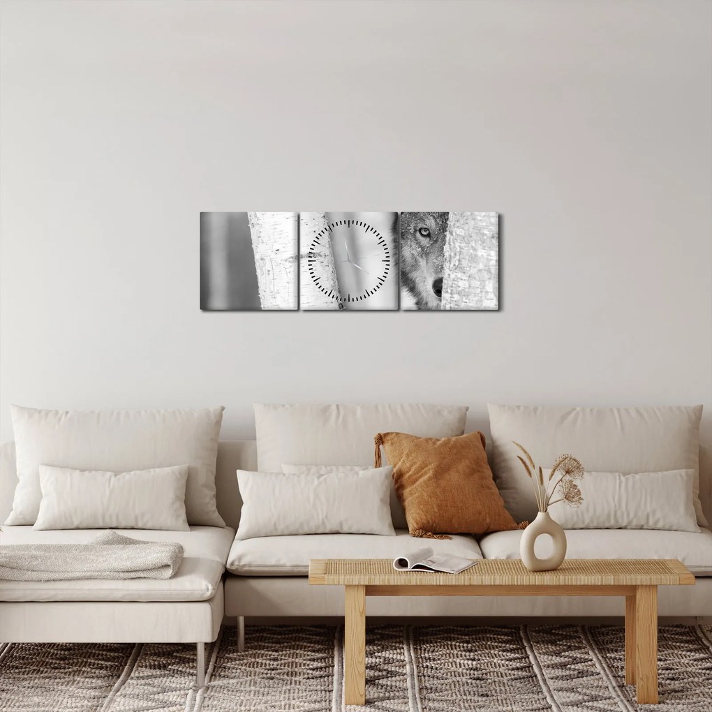 Obraz - Vlk v lese (s hodinami) (90x30 cm)