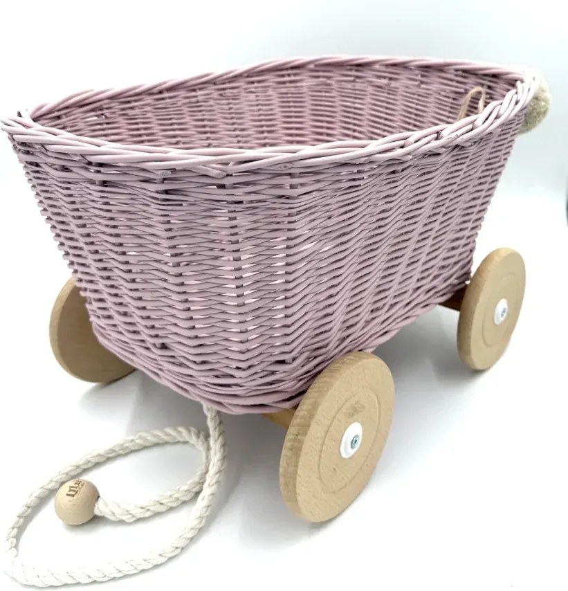 Prútený vozík na ťahanie za šnúrku - ružová