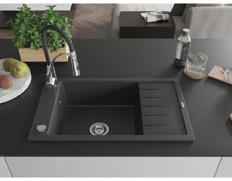 Mexen Elias, 1-komorový granitový drez 795x480x200 mm a drezová batéria Aster, čierna škvrnitá, 6511-76-73450-07