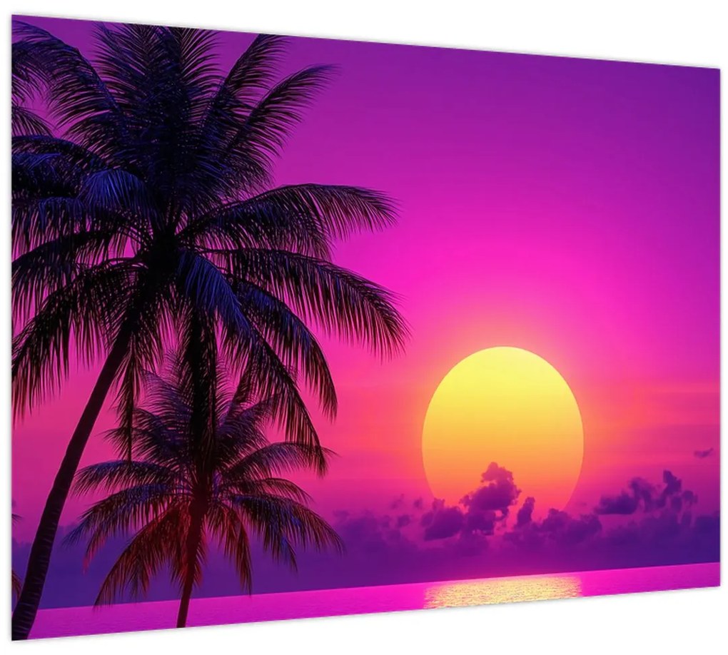 Obraz - Fialový západ s palmou (70x50 cm)
