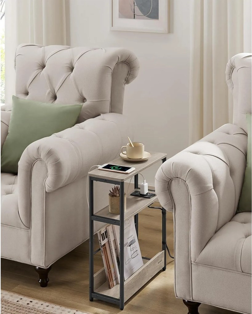 Úzky bočný stolík s predlžovačom, 3-úrovňový nočný stolík, 18 x 45 x 58 cm, greige a čierny