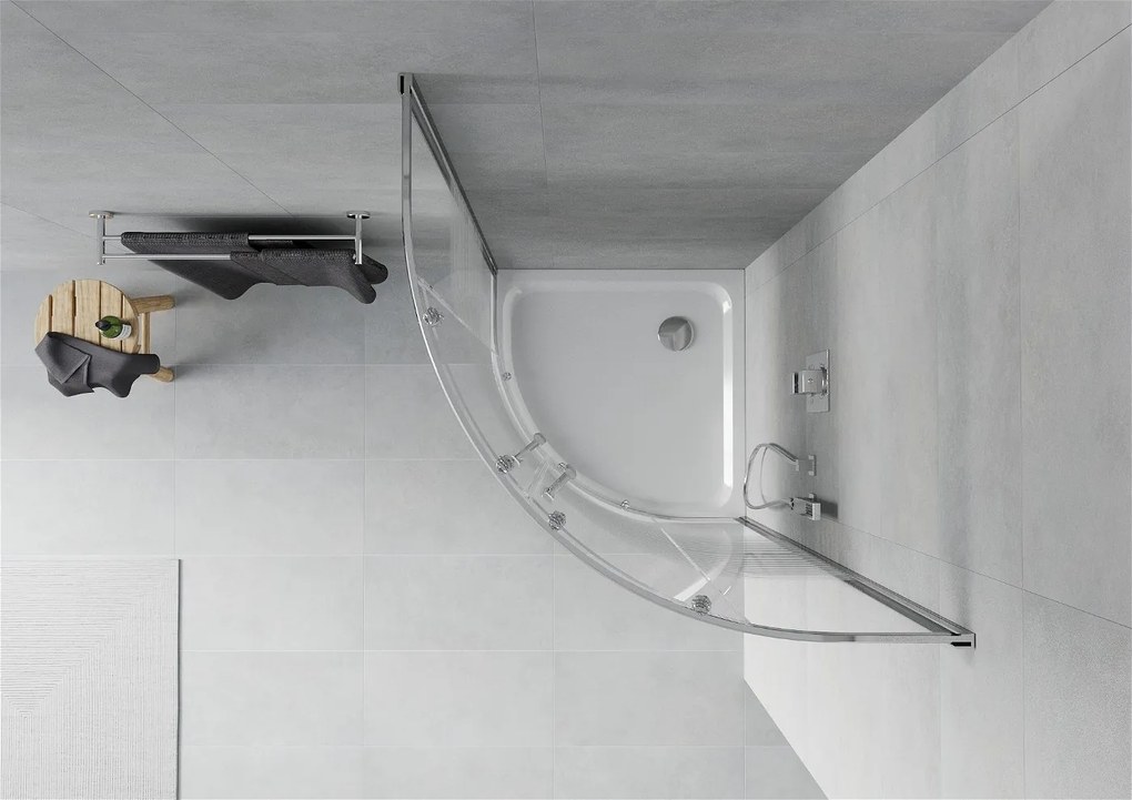 Mexen Rio, štvrťkruhový sprchovací kút s posuvnými dverami 70 x 70 cm, 6mm číre/pásy sklo, chrómový profil + biela sprchová vanička, 863-070-070-01-20-4110