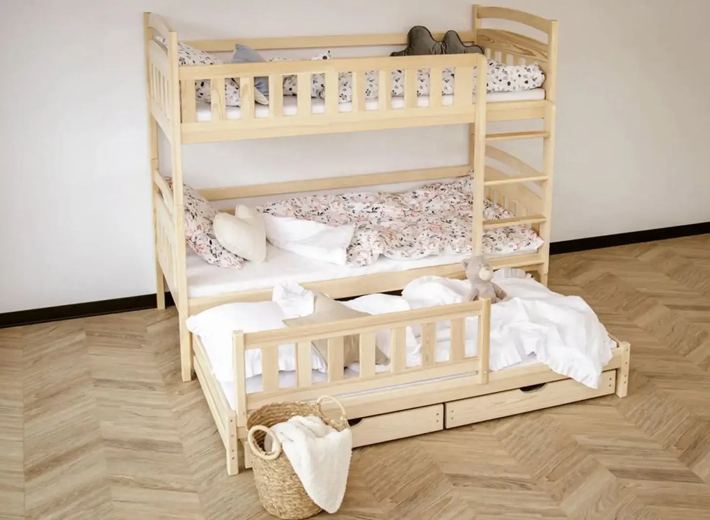 Detská poschodová posteľ z masívu BOHDANA s prístelkou a šuplíky - 200x90 cm - PRÍRODNÁ BOROVICA