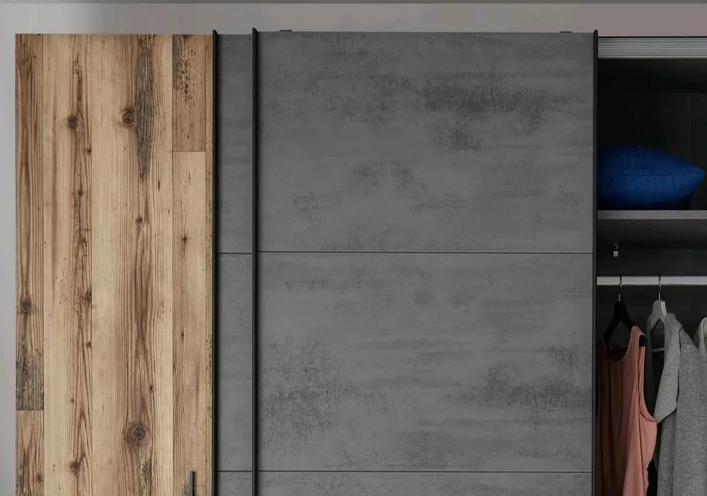 Šatníková skriňa Sarnia, 312 cm, zrubová dosky / tmavý betón